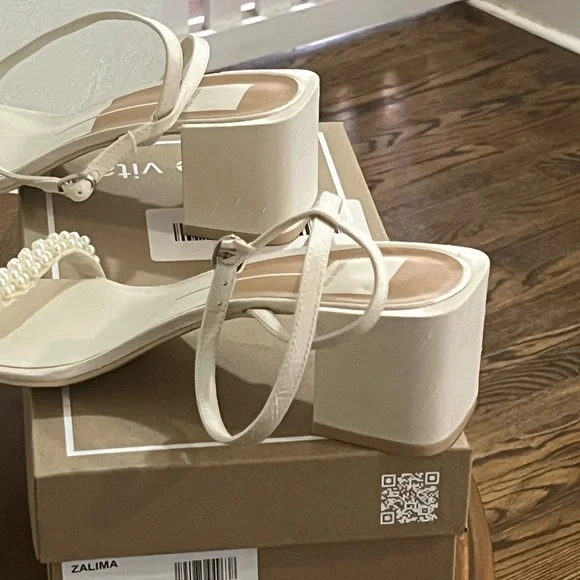 Dolce Vita Ivory Pearl-Trim Ankle Strap Block Heels - Picture 5 of 9